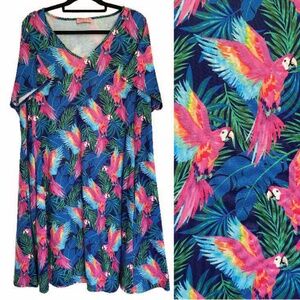 POPSY Tropical Flying Parrots A-Line Stretch Dress with Pockets Sz 18 US/ 22 UK